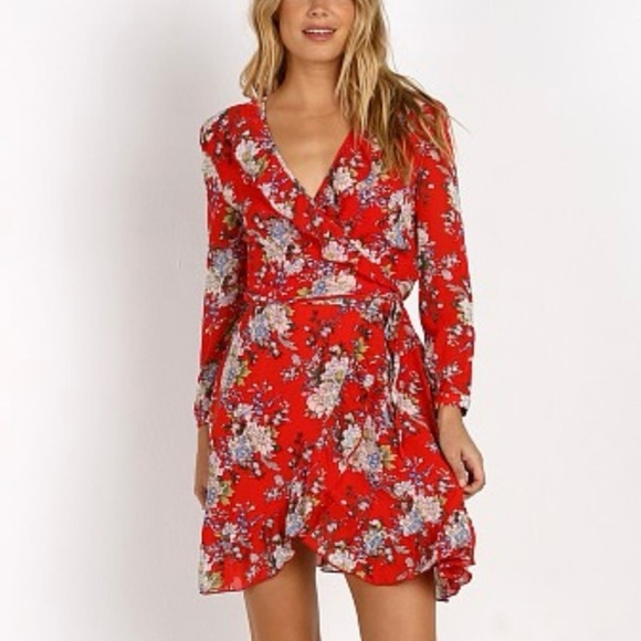 WYLDR Wicked Games Red Floral Long Sleeve Wrap Dress Size Small - Picture 4 of 14